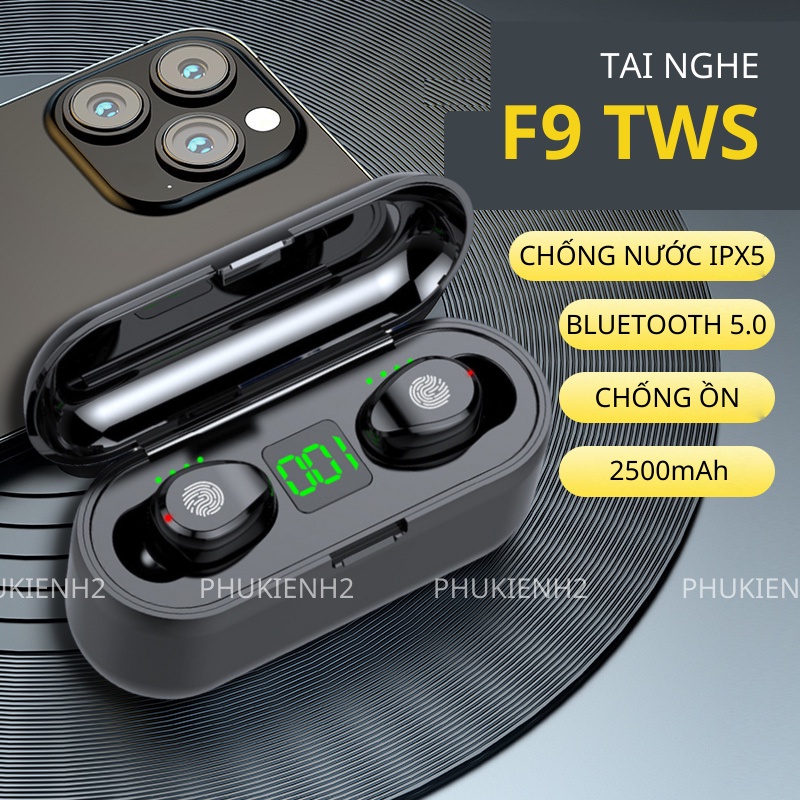 Tai nghe bluetooth F9 TWS 5.0 bản Quốc tế không dây cảm ứng chống nước IPX5, chống ồn tích hợp sạc dự phòng 2500mAh