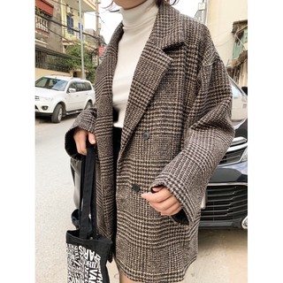 (ẢNH THẬT HÀNG SẴN) ÁO ULZZANG BLAZER DẠ MỀM KẺ 2 LỚP CÓ TÚI 2 MÀU NÂU / XÁM