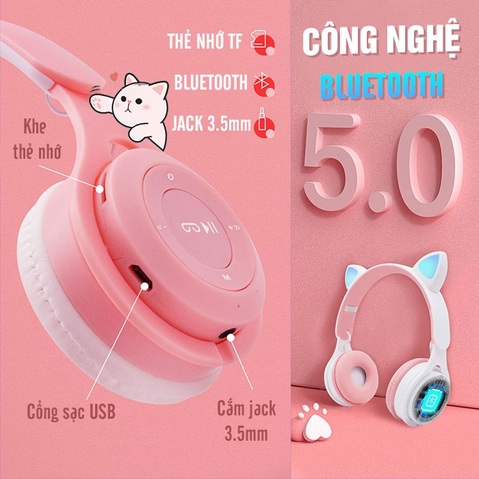 Tai nghe mèo bluetooth chụp tai có mic Headphone Tai Mèo Bluetooth 5.0 Tai Nghe Chụp P47M Mẽ Thương Có Micro Đàm Thoại