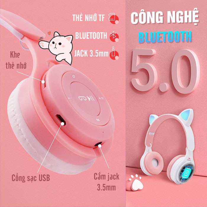 Tai nghe bluetooth chụp tai có mic Headphone Tai Mèo Bluetooth 5.0 Tai Nghe Chụp P47M Mẽ Thương Có Micro Đàm Thoại