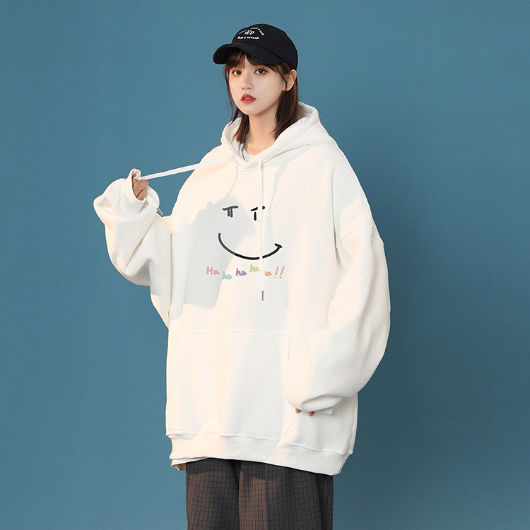 Áo Hoodie Dáng Rộng In Hình Mặt Cười Phong Cách Retro Cho Nữ