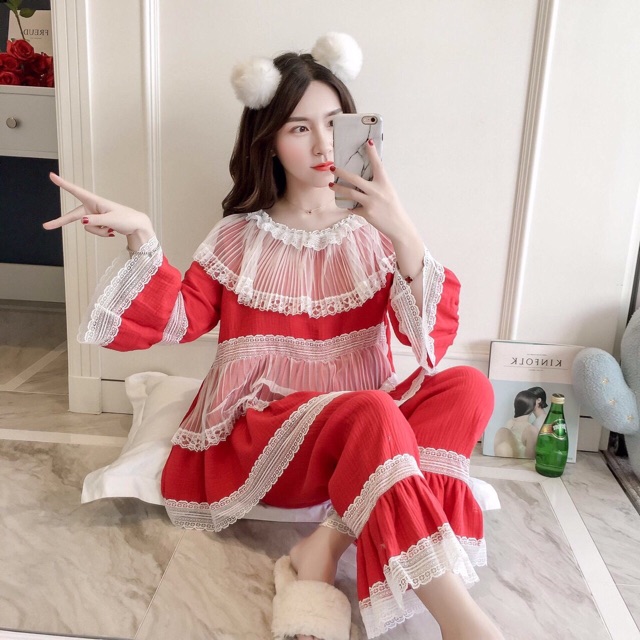 set bộ pijama chất đũi ren bèo / đồ ngủ ren nhập qc
