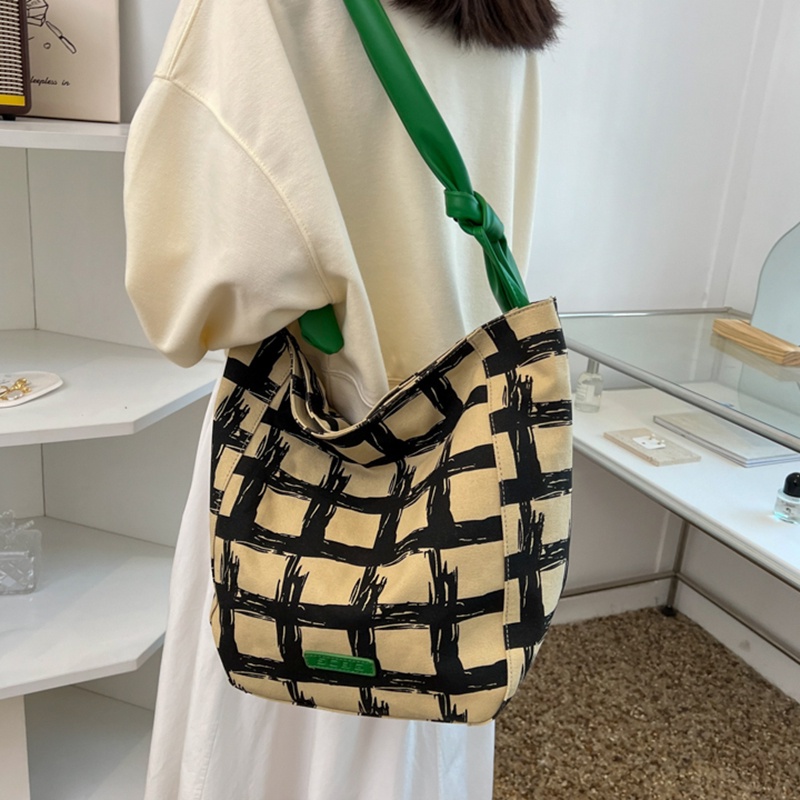 IELGY Túi Đeo Vai Vải canvas Kẻ Sọc Caro Dung Tích Lớn Thời Trang Cho Nữ