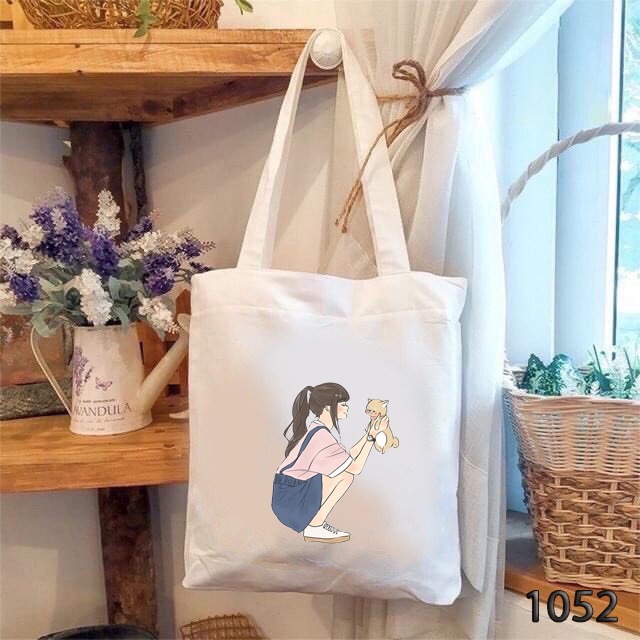 Túi Tote Túi Vải Canvas Trắng In Họa Tiết Her And Cat 1052 Phong Cách Hàn Quốc Dạo Phố Cực Đẹp