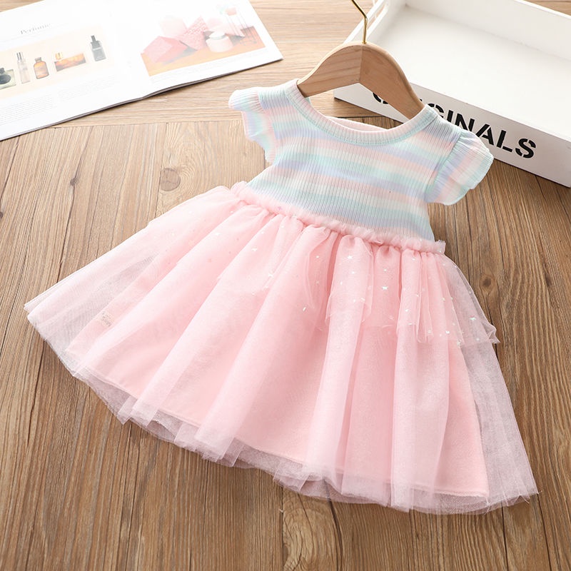 Đầm Công Chúa Kẻ Sọc Phối Ren Lưới Mùa Hè Hàn Quốc Mới Cho Bé Gái