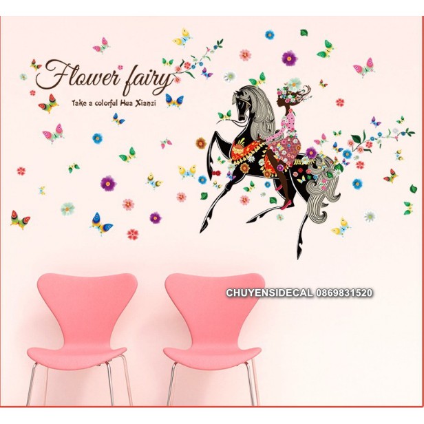 Decal trang trí tường - Cô Gái Hoa Cưỡi Ngựa Cực Ngầu