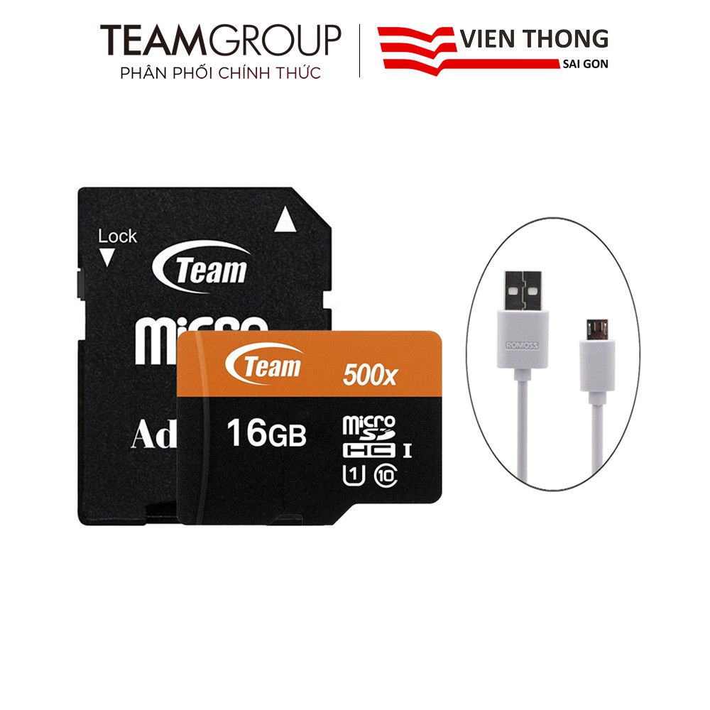 Thẻ nhớ microSDHC Team 16GB 500x upto 80MB/s class 10 U1 kèm Adapter (Cam) + Cáp sạc micro USB Romoss CB05 dài 1m