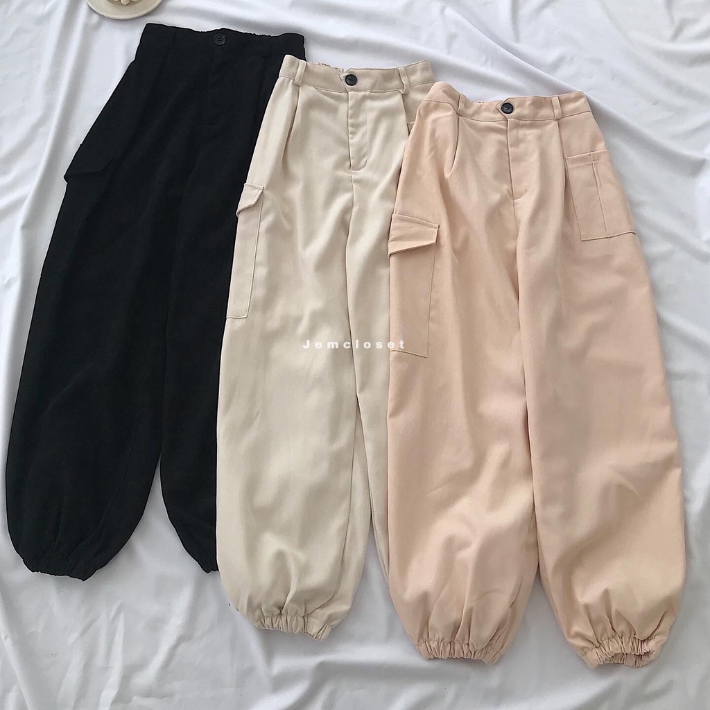 Quần Jogger Nữ Ống Rộng JEM CLOSET Chất Nhung Gân Quần Jogger Túi Hộp Nữ MOLEE Dáng Dài Che Khuyết Điểm Chân To 2647