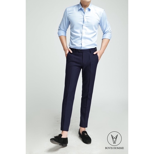 Áo sơ mi nam Bovis Homme tay dài SD006, màu xanh dương nhạt, Form slim, chất liệu modal, mặt vải mềm mượt, thoáng mát