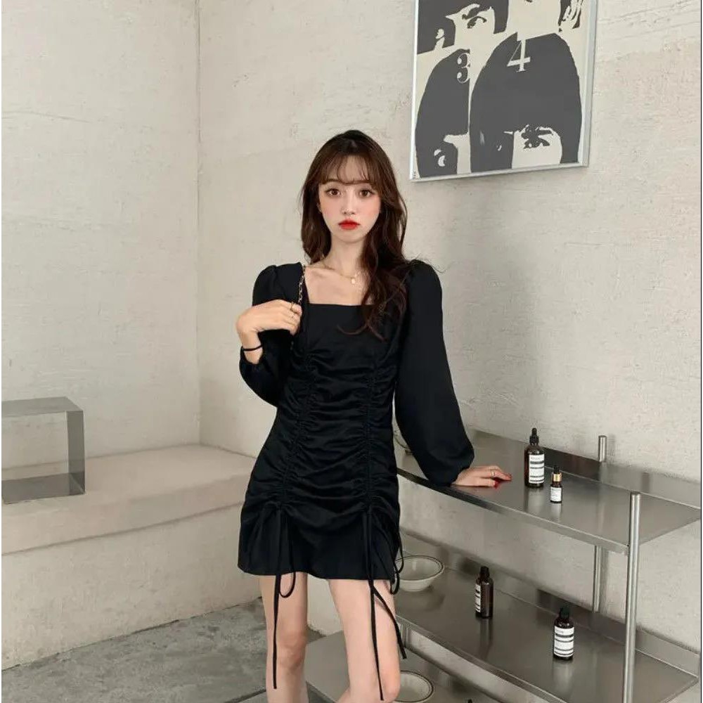 ⭐0412⭐Han Guo Fashion Square neck long sleeve high waist dress