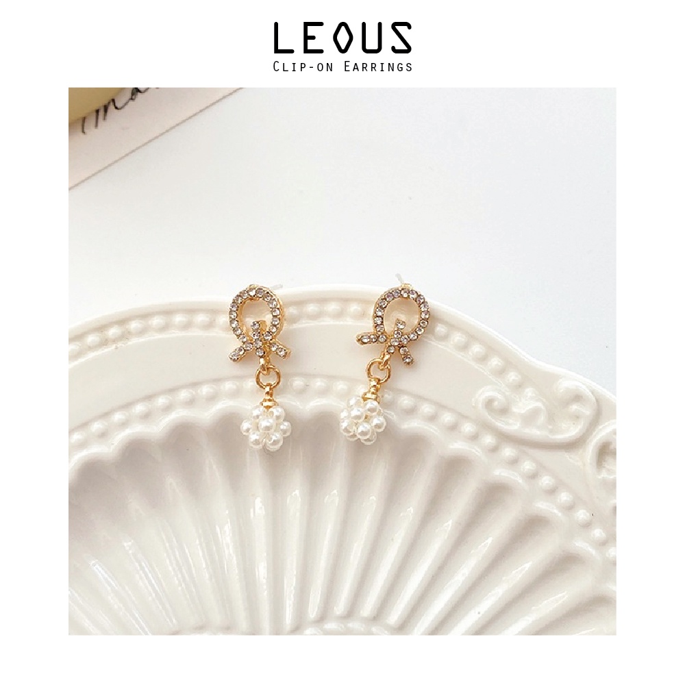 Khuyên tai kẹp không bấm lỗ chốt cố định K039 bằng hợp kim mạ vàng hình khối đính đá và hạt trai dáng midi Leous