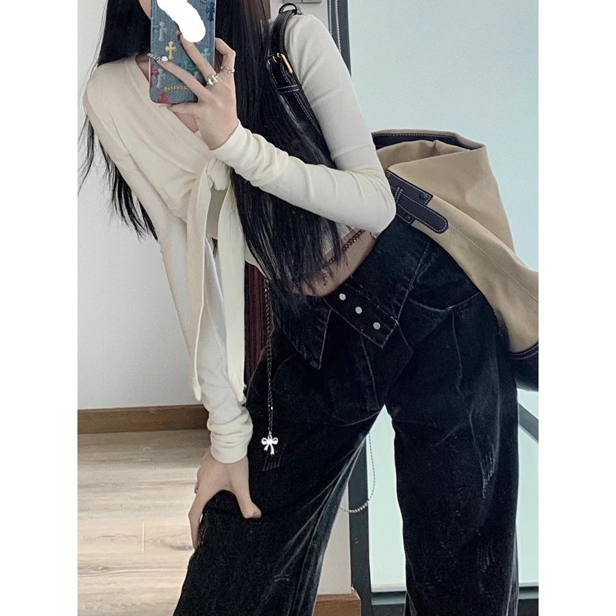 Quần Jean Nữ Ống Rộng Lưng Cao Màu Đen Phong Cách Retro Mỹ