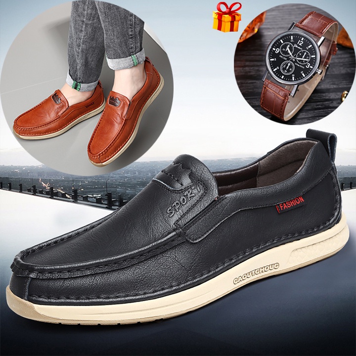 [Kèm Đồng Hồ Nam] Giày Lười Nam Da Bò Cao Cấp Đế Khâu Ôm Chân Bảo Hành Da 12 Tháng