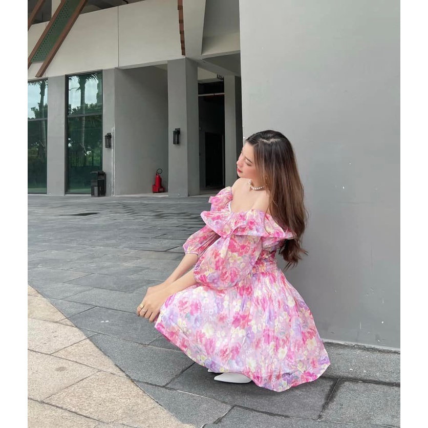 [HÀNG THIẾT KẾ CAO CẤP] Đầm Hoa Xòe Trễ Vai Chất Voan Tơ Đi Biển / Du Lịch / ĐI Tiệc Dễ Thương Form Ngắn Màu Hồng