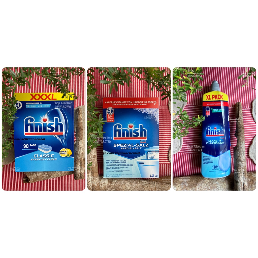 ComboViên rửa Finish Classic 90v/110v, muối Finish 1.2kg, bóng Finish 750ml, vệ sinh máy Finish 250ml (dùng cho máy)