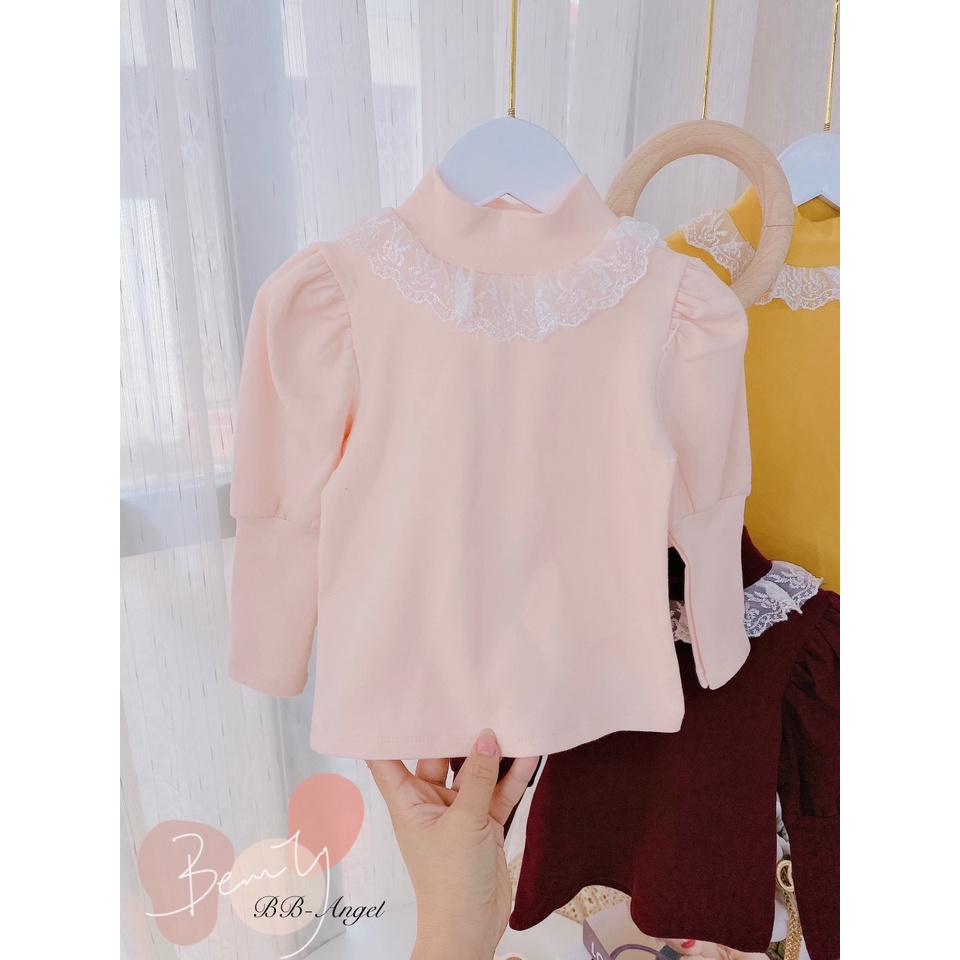 Áo cotton len  cổ 3 phân phối ren cho bé gái