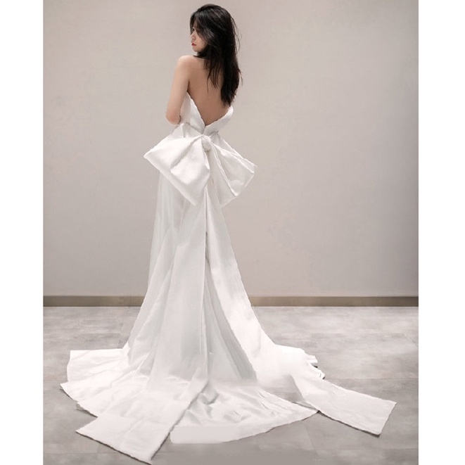 Đầm Cưới Vải Satin Đính Nơ Kiểu Pháp 2022 Thời Trang Mùa Hè Cho Nữ V3D4
