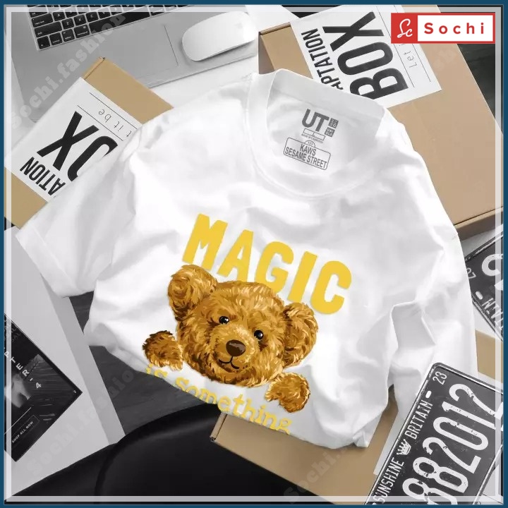 Áo thun nam tay ngắn cổ tròn, áo thun đen nam chất phông cotton CZ195 in hình Gấu