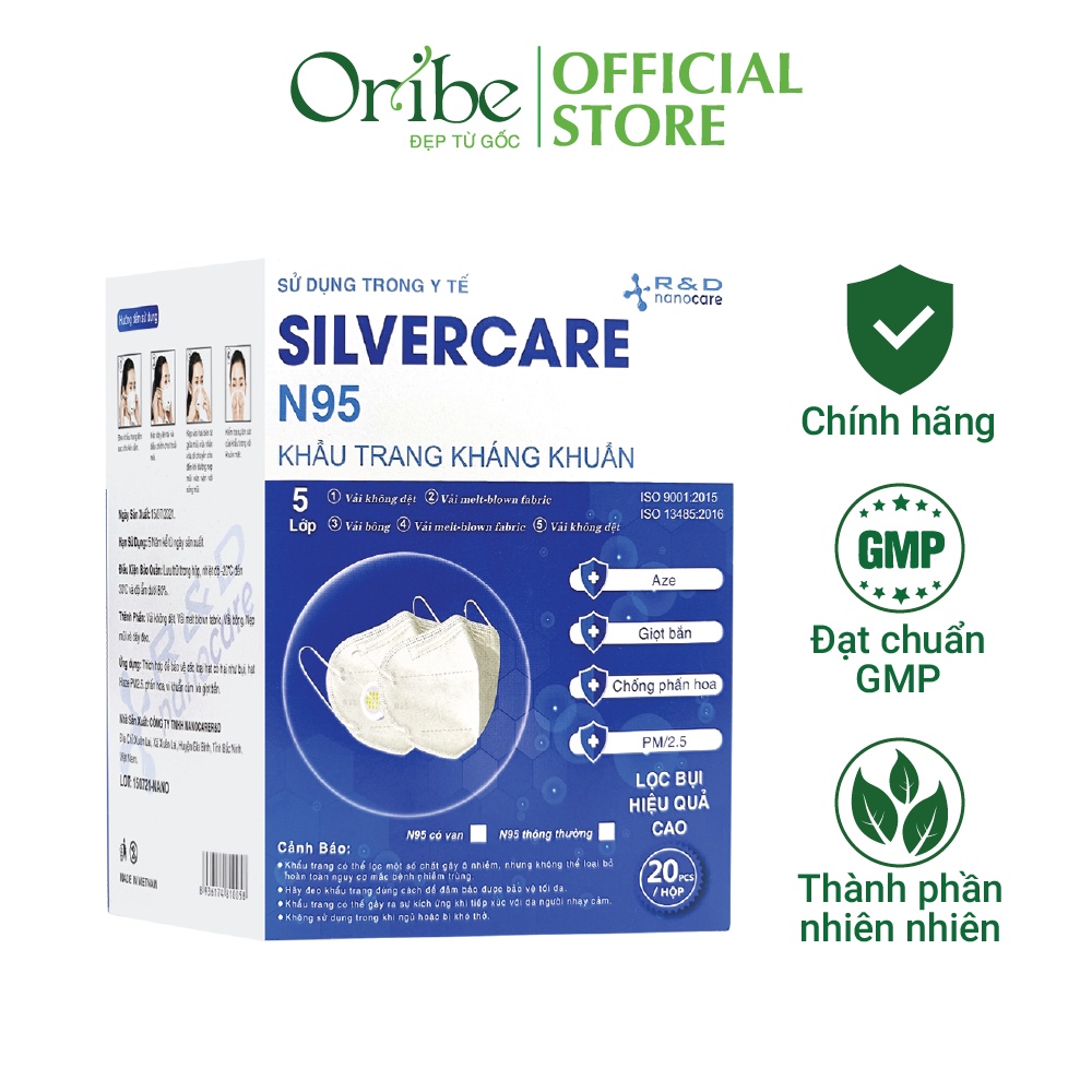 Khẩu Trang Y Tế Kháng Khuẩn N95 Silvercare Oribe Không Van Hộp 20 chiếc