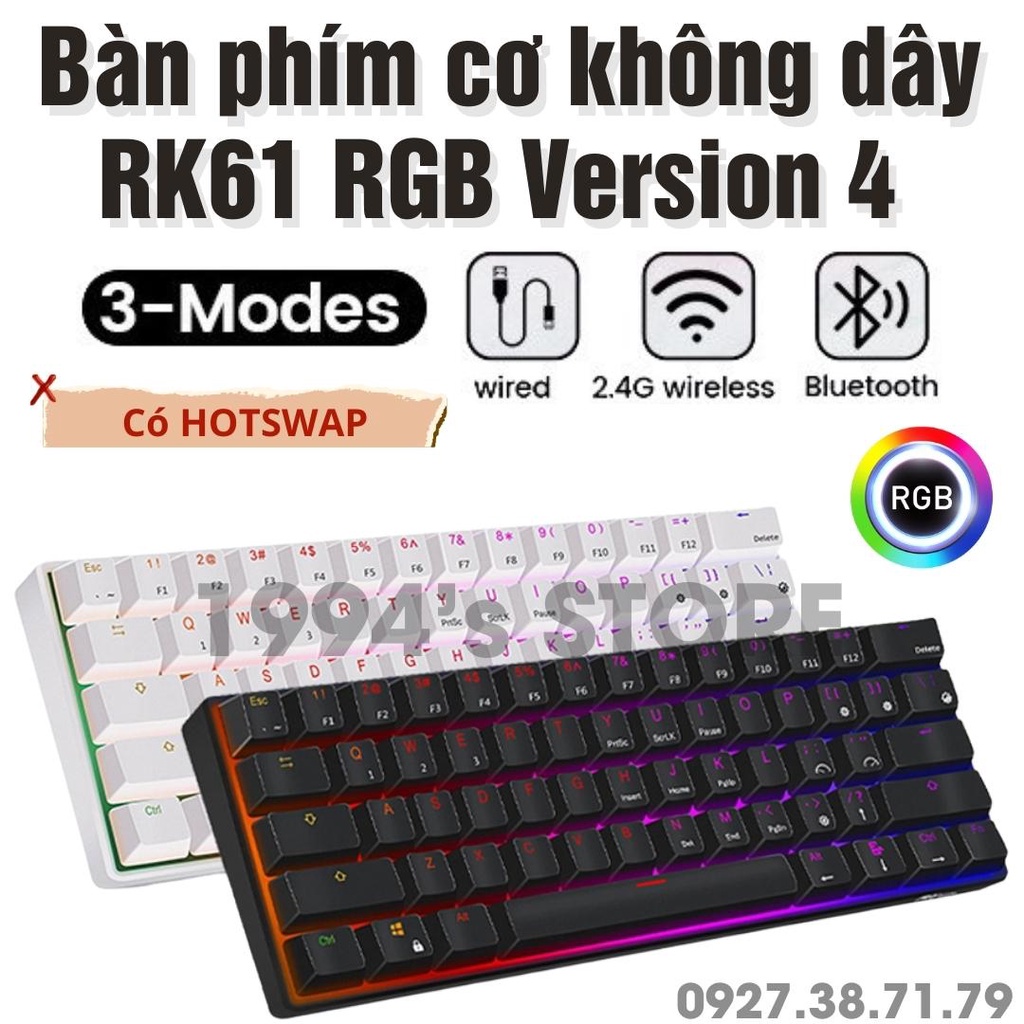 HOTSWAP - Bàn Phím Cơ RK61 Version 4.0 Bluetooth 5.1 - Wireless 2.4Ghz - Cáp Type C - Phần mềm chỉnh Led RGB và Custom