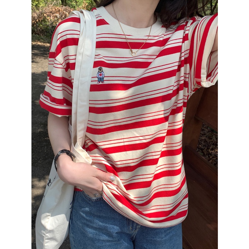Áo Thun Tay Ngắn Họa Tiết Kẻ Sọc Thiết Kế Mới Thời Trang Mùa Hè Theo Phong Cách Hàn Quốc Cho