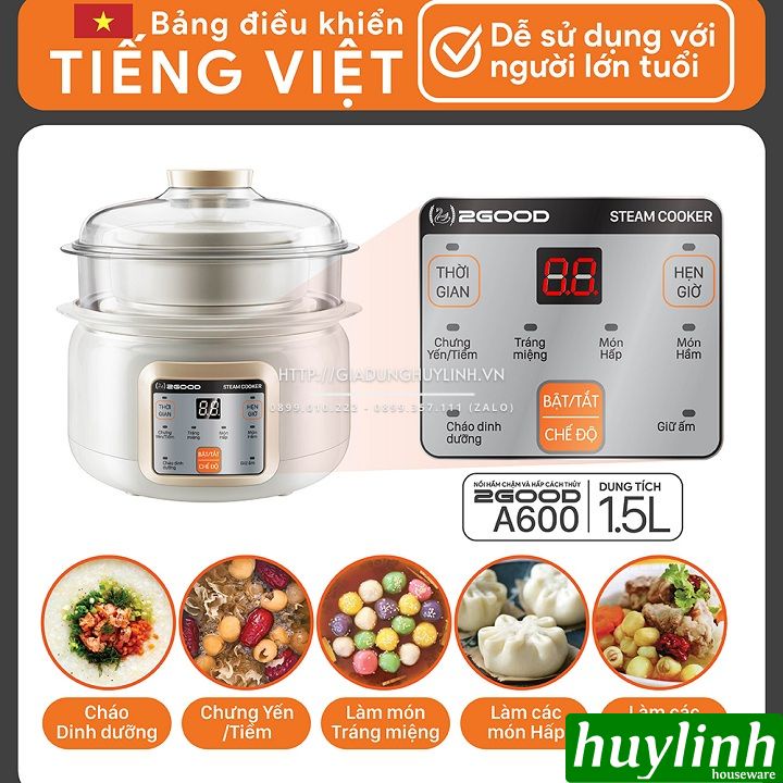 Nồi hầm chậm, chưng yến, nấu cách thuỷ 2Good A600 - 1.5 lít - 2 tầng