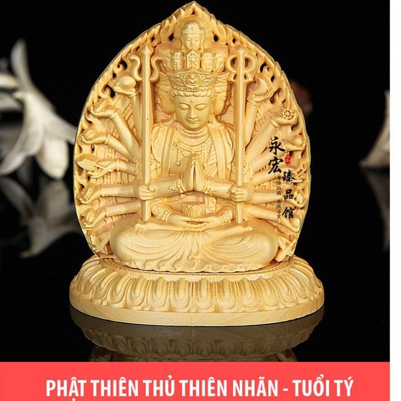 Tượng để xe ô tô bàn làm việc phật Thiên Thủ Thiên Nhãn bằng gỗ Hoàng Dương - TẶNG 1 VÒNG ĐEO TAY [HÀNG CHẤT LƯỢNG CAO]