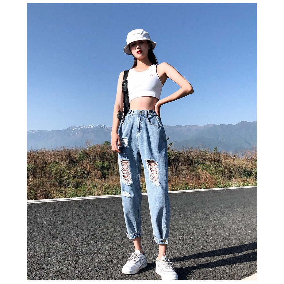 SIÊU PHẨM Quần baggy nữ BIG SIZE lưng cao, rách bụi, lai kiểu 3466 phom to