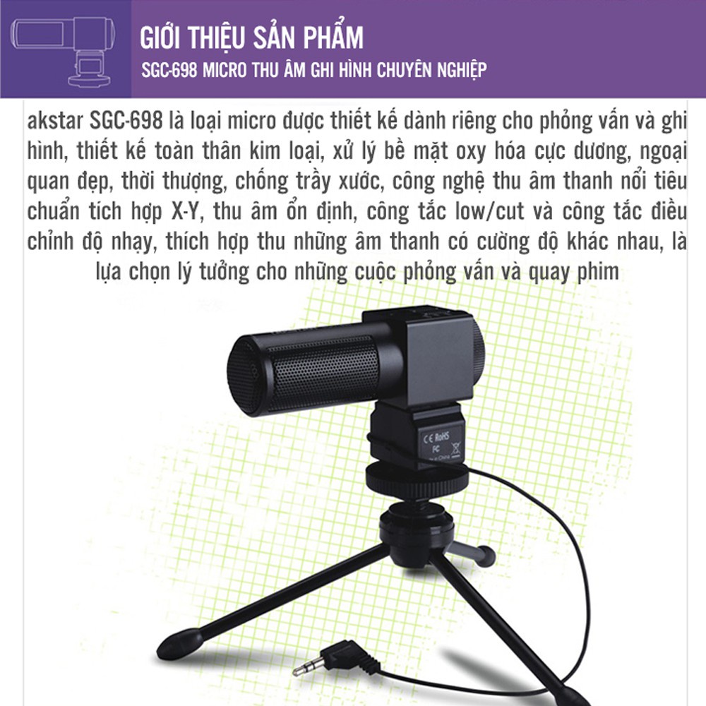 Mic Thu Âm Gắn Máy Quay Cao Cấp Takstar SGC-698 Giảm Ồn, Điều Chỉnh Độ Nhạy, Lọc Tạp Âm Chính Hãng Bảo Hành 1 Năm