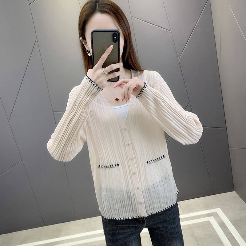 Cổ chữ V  Áo nịt  Băng Lợ Số Kim Áo Cardigan Cổ Chữ V Áo Ngành