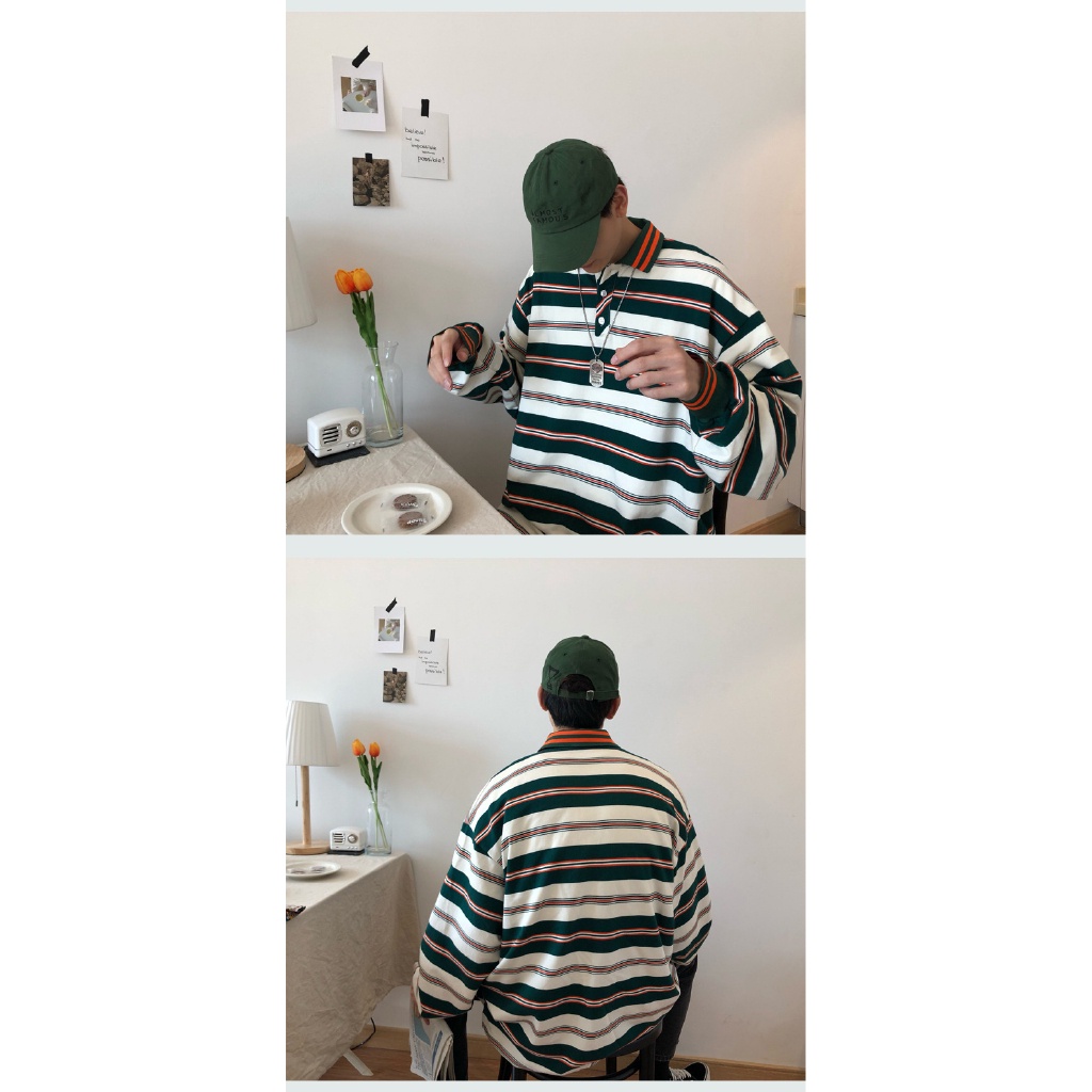 Áo thun POLO tay dài kẻ sọc thời trang mùa thu cho cặp đôi | BigBuy360 - bigbuy360.vn