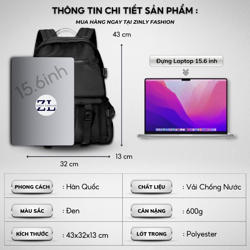 Balo thời trang ulzzang nam nữ,Vải cao cấp chống nước,Đựng Laptop 15.6inh - kiểu dáng trẻ trung, cá tính - ZINLY