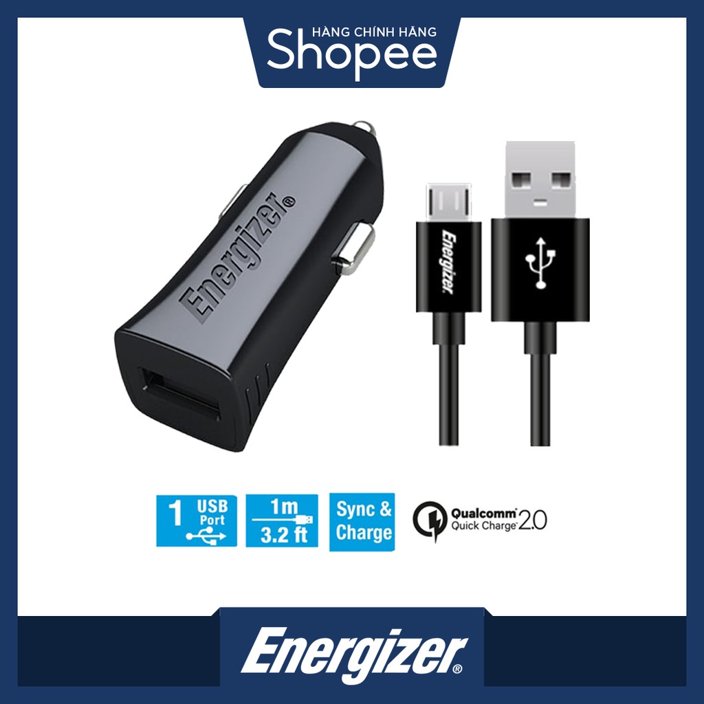 [Mã ELDTR40 giảm 7% đơn 299K] Sạc ô tô Energizer QuickCharge Qualcomm 2.0 + Kèm cáp Micro USB - DCA1QHMC3