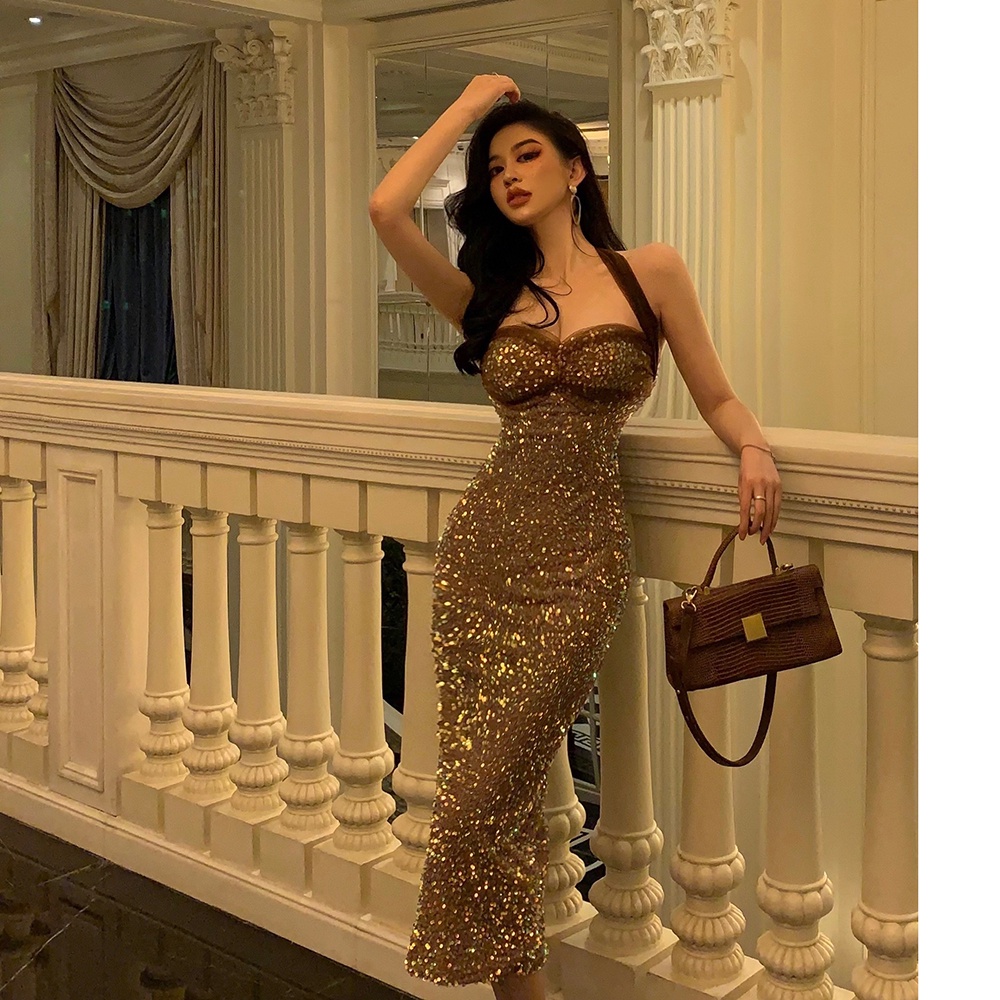 Đầm Hai Dây Ôm Eo Đính Kim Sa Phong Cách Gợi Cảm Hàng Mới Dành Cho Bạn Nữ