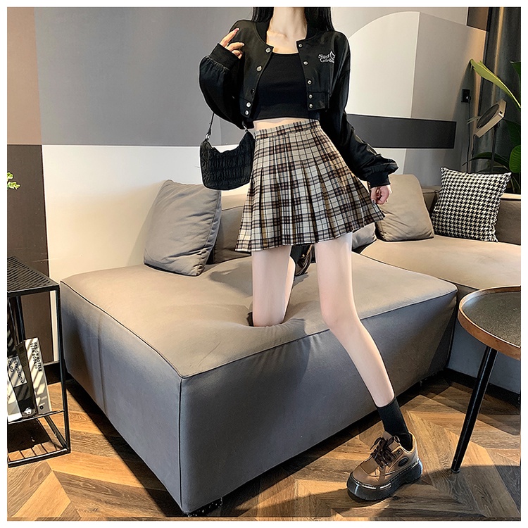 Chân Váy Chữ A Lưng Cao Họa Tiết Sọc Caro Thiết Kế Mới Thời Trang Mùa Thu Dành Cho Nữ