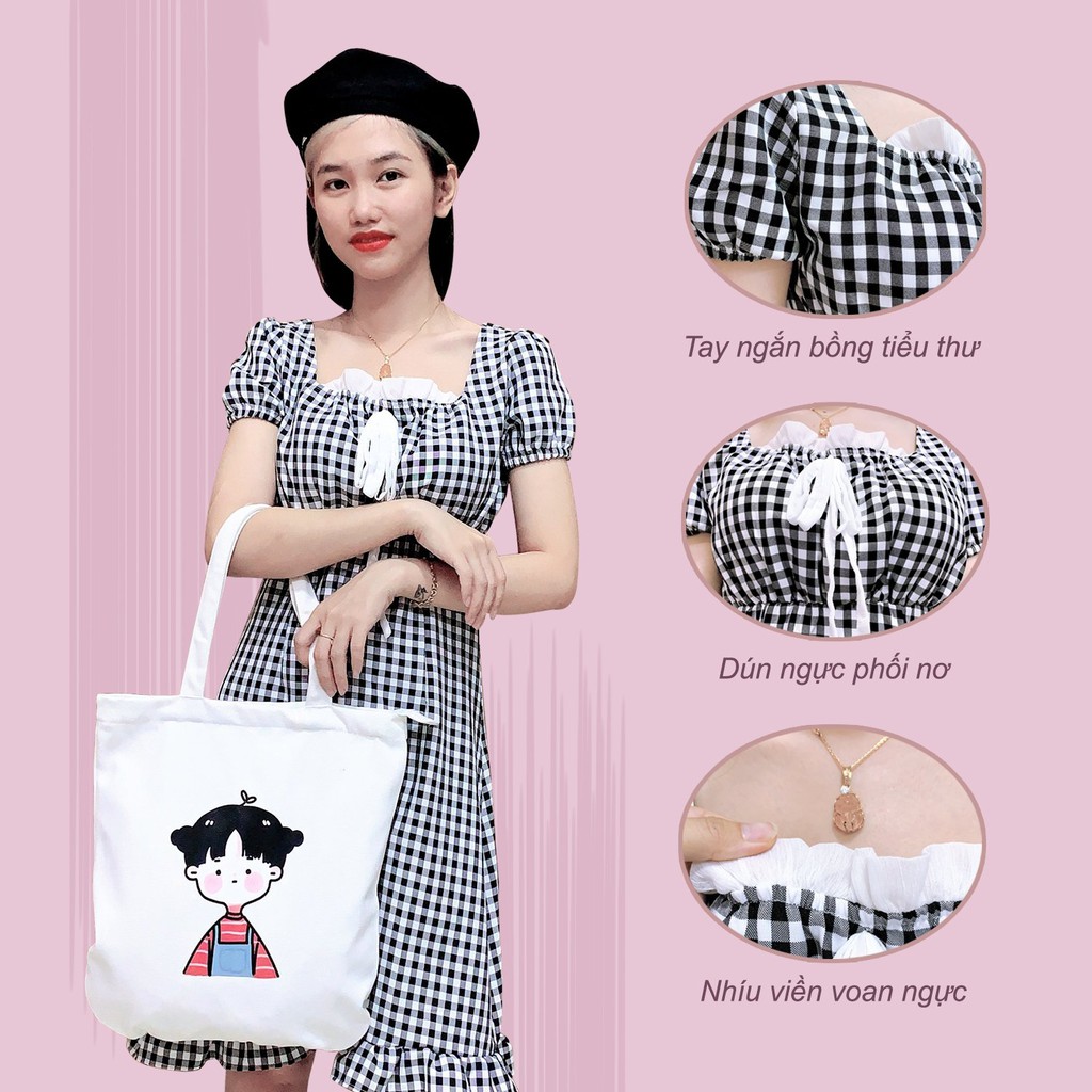 Váy đầm kẻ sọc Caro tiểu thư, bánh bèo phối ren cổ vuông ôm dáng nhíu viền voan ngực