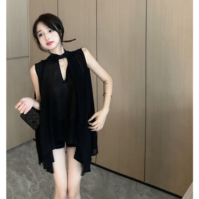 Áo cột dây ruy băng thời trang hè cổ V kiểu Pháp không tay dành cho nữ 2024