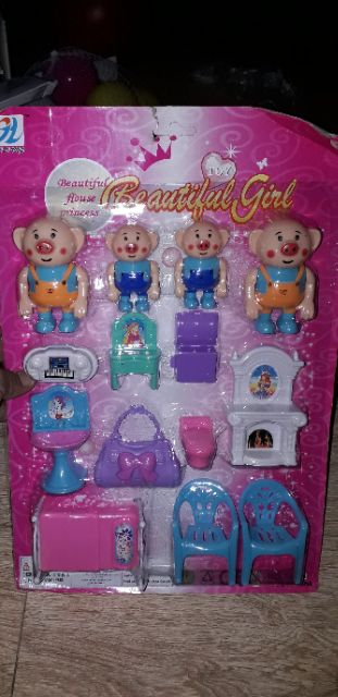 Bộ đồ chơi bàn ghế nội thất và 4 chú Heo bằng nhựa