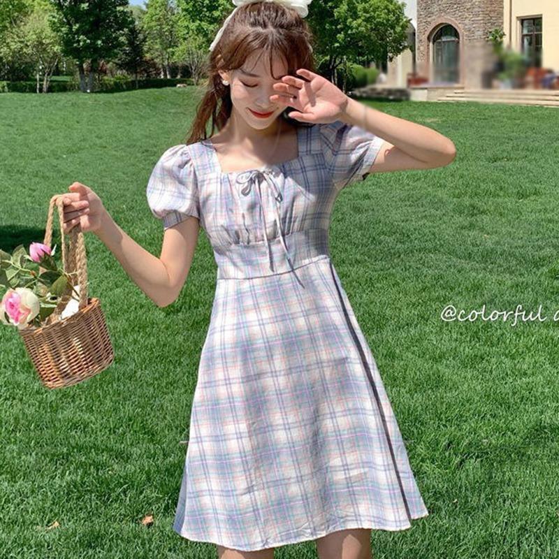 Đầm nữ tay ngắn kẻ sọc phong cách Hàn Quốc