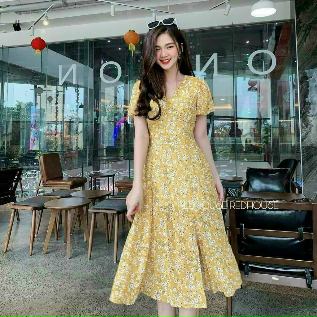 Đầm xòe hoa nhí xẻ tà siêu xinh hai màu màu vàng và màu xanh