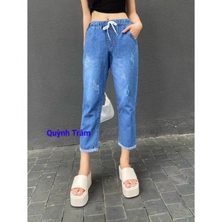 Quần jean baggy nữ mẫu cào xước lưng thun lật lai