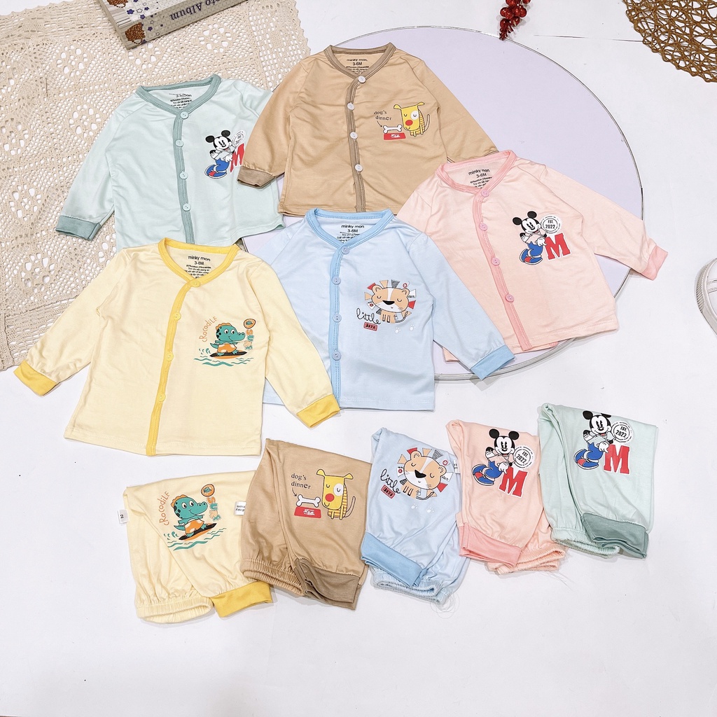 Bộ dài tay thun lạnh cúc lệch mềm mát, quần đáp đũng cho bé (3-9kg)