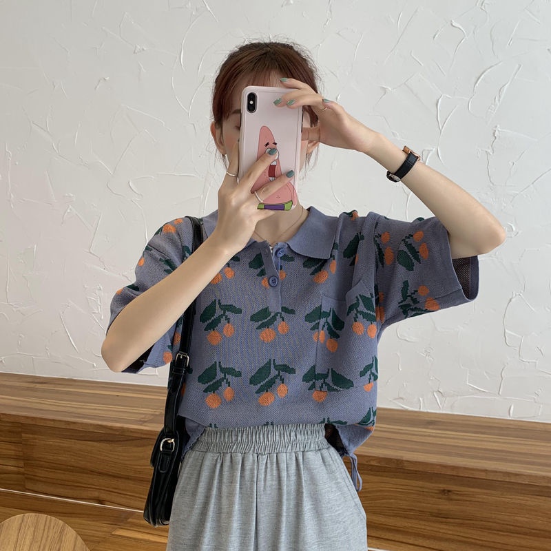 Áo thun dệt kim tay ngắn dáng rộng cổ Polo in hình quả Cherry dễ thương cho nữ