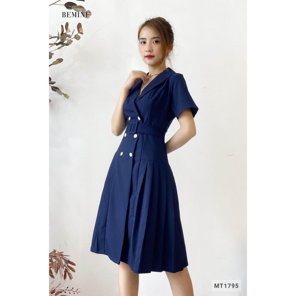 VIP Đầm dáng xòe nữ thiết kế cổ vest xếp ly đai rời sang trọng BEMINE MT1795XANH