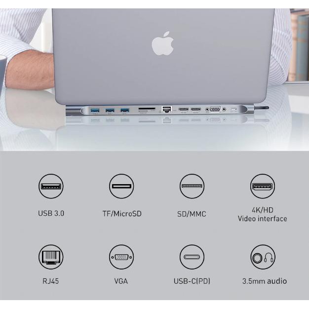 Bộ Chia Hub Đa Năng 10 - 11 Cổng: USB 3.0 / Khe Cắm Thẻ Nhớ SD/TF / RJ45 / HDMI / VGA / Type-C / Jack 3.5mm Cho Macbook