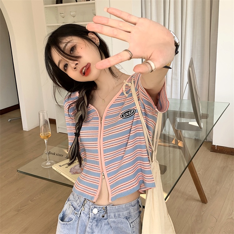 Áo Cardigan Dệt Kim Tay Ngắn Cổ Chữ V Phối Khóa Kéo Thời Trang