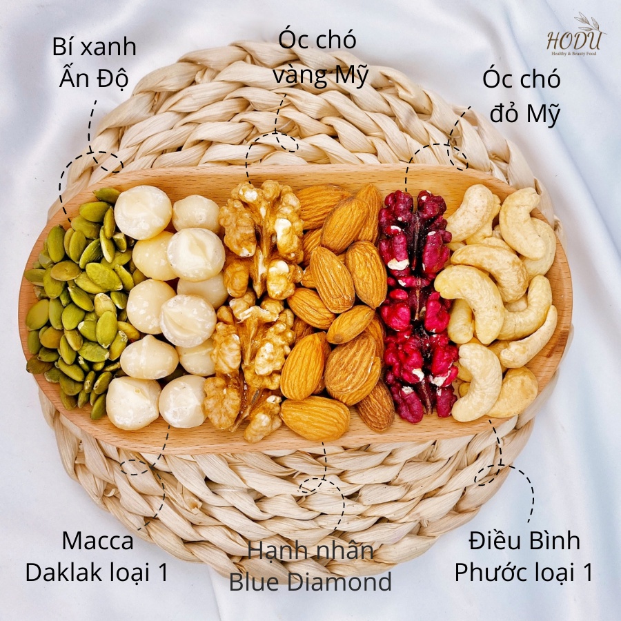 Hạt dinh dưỡng mix 5 loại hạt macca, hạt  điều, óc chó, hạt bí, hạt hạnh nhân hộp 500g loại cao câp