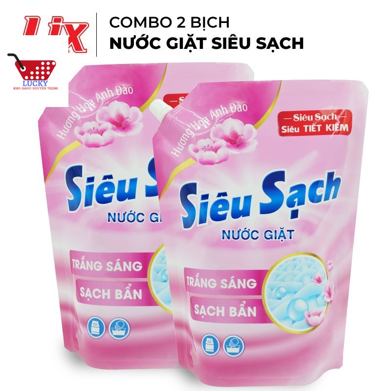 Combo 2 Túi nước giặt Lix Siêu Sạch hương hoa anh đào 2.4Kg / Túi - Siêu sạch, siêu tiết kiệm