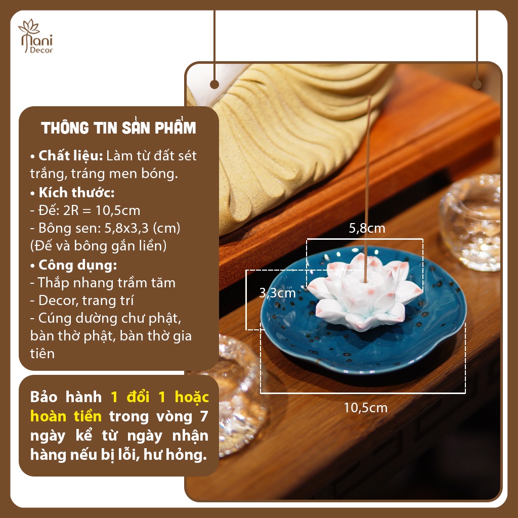 Đế cắm nhang trầm hoa sen 1 chân cắm kèm đế, chất liệu gốm cao cấp, tráng men bóng - Mani Decor