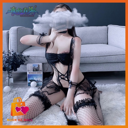 Cosplay cô giúp việc sexy dễ thương full phụ kiện: 2 vòng ren đeo tay, cài tóc đính nơ dễ thương, đôi vớ lưới như hình